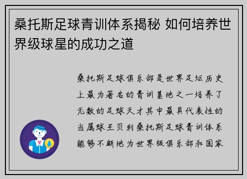 桑托斯足球青训体系揭秘 如何培养世界级球星的成功之道