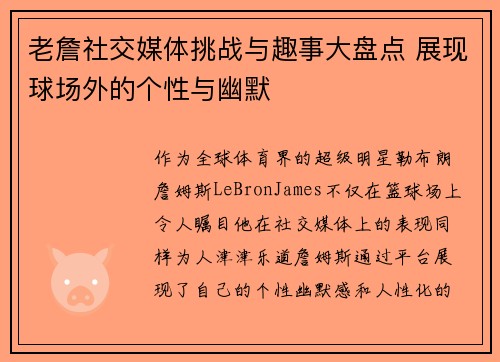 老詹社交媒体挑战与趣事大盘点 展现球场外的个性与幽默