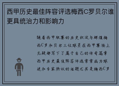 西甲历史最佳阵容评选梅西C罗贝尔谁更具统治力和影响力