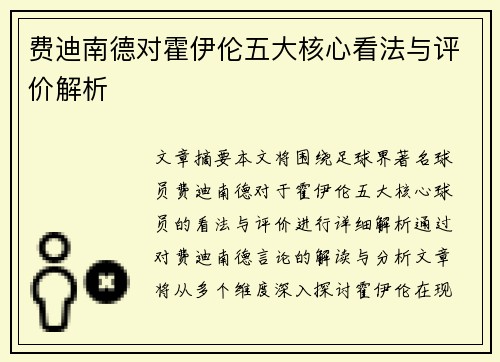 费迪南德对霍伊伦五大核心看法与评价解析